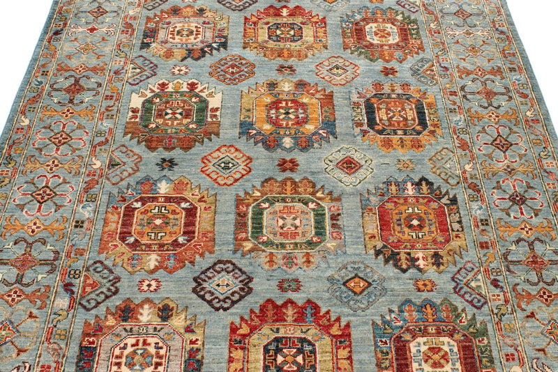 5x7 Light Blue and Multicolor Turkish Tribal Rug