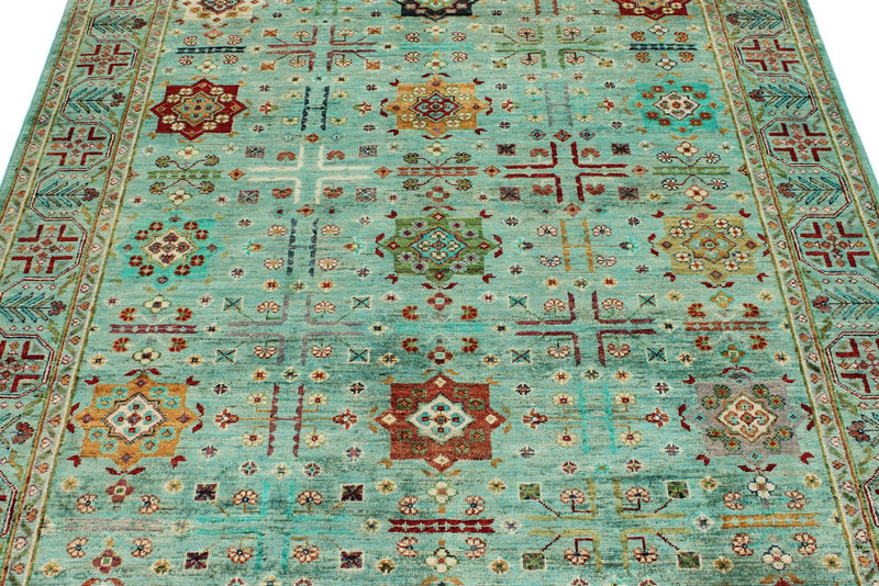 5x7 Green and Multicolor Anatolian Tribal Rug