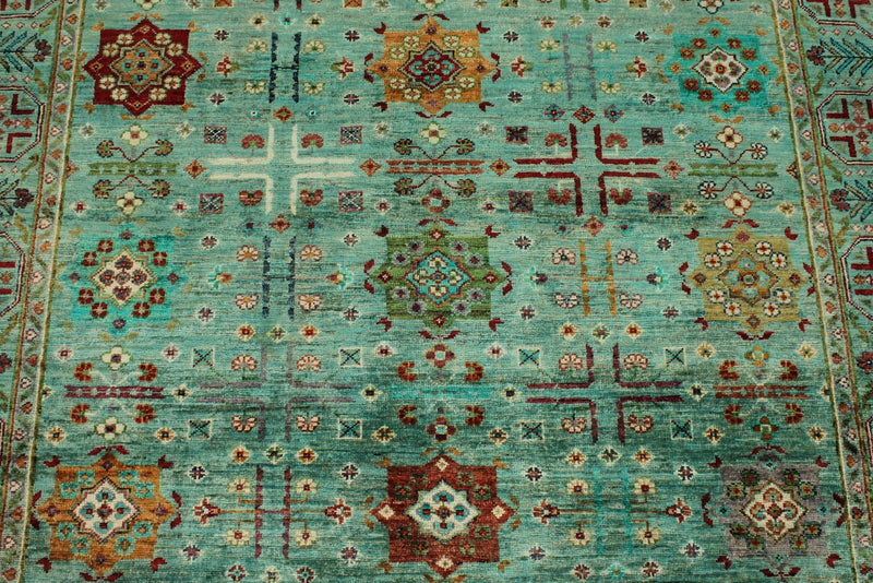 5x7 Green and Multicolor Anatolian Tribal Rug