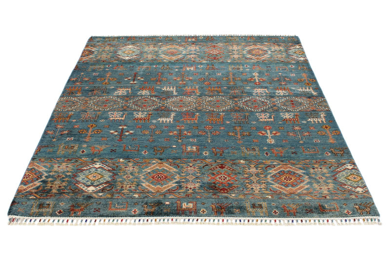 5x7 Navy and Multicolor Turkish Tribal Rug