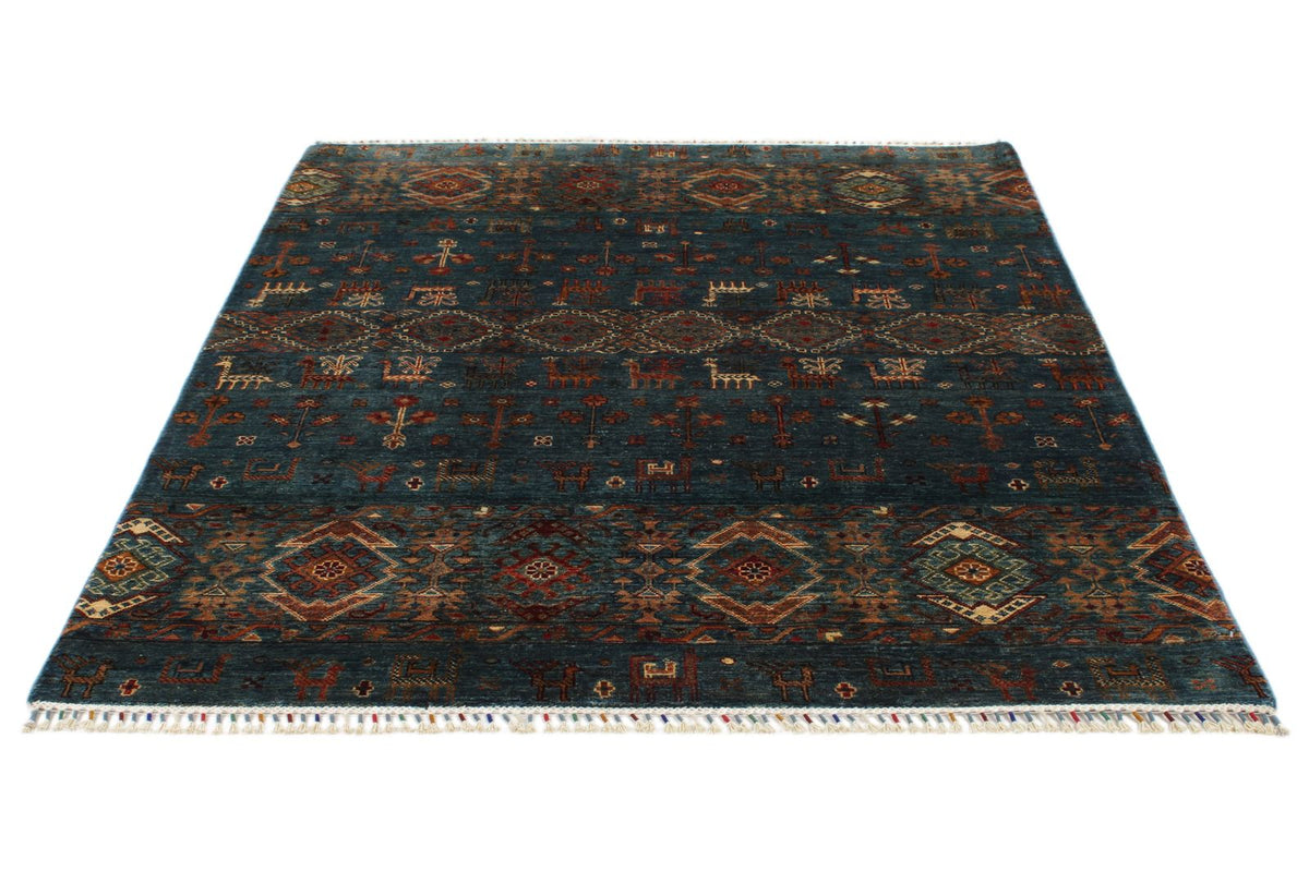 5x7 Navy and Multicolor Turkish Tribal Rug