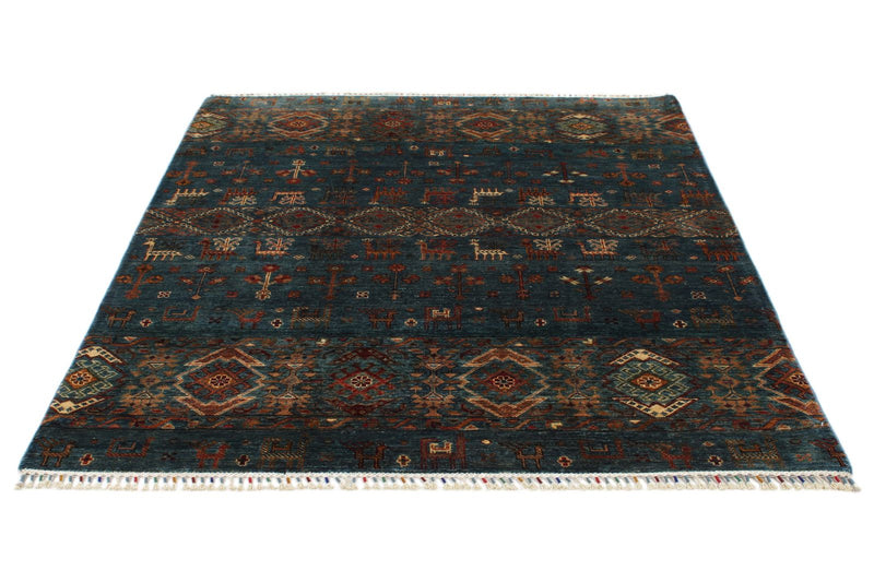5x7 Navy and Multicolor Turkish Tribal Rug