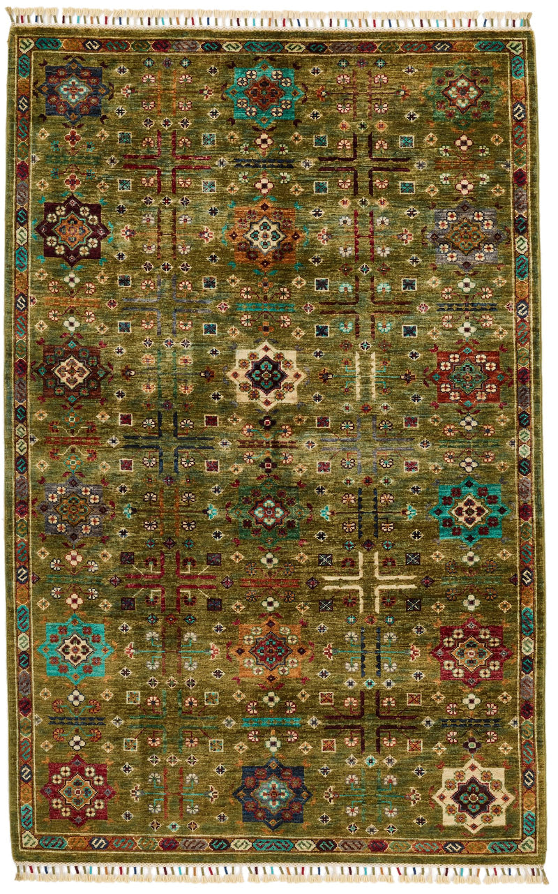 4x6 Light Green and Multicolor Anatolian Tribal Rug