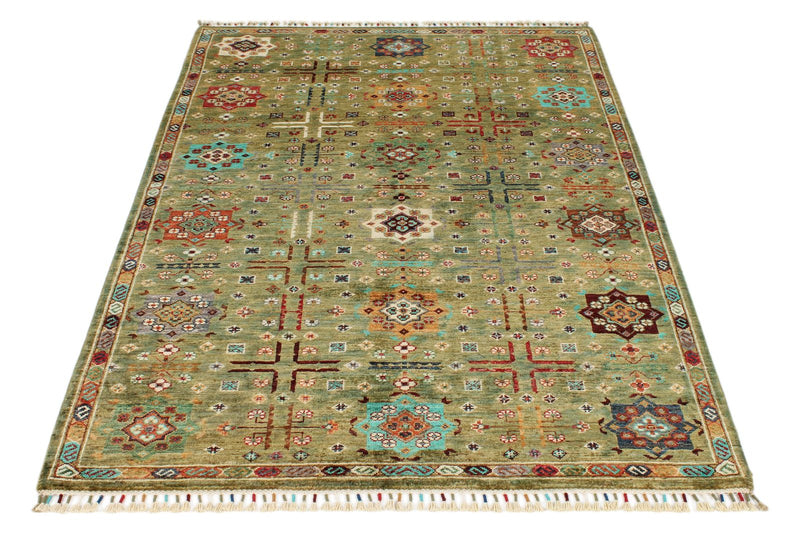 4x6 Light Green and Multicolor Anatolian Tribal Rug