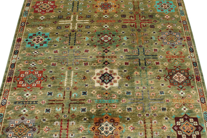 4x6 Light Green and Multicolor Anatolian Tribal Rug