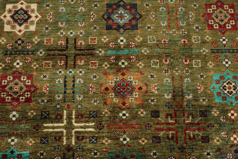 4x6 Light Green and Multicolor Anatolian Tribal Rug