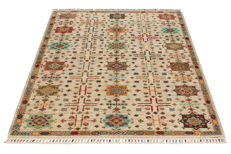 4x6 Ivory and Multicolor Anatolian Tribal Rug