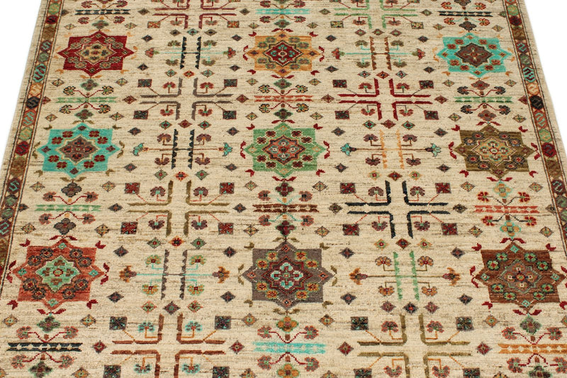 4x6 Ivory and Multicolor Anatolian Tribal Rug