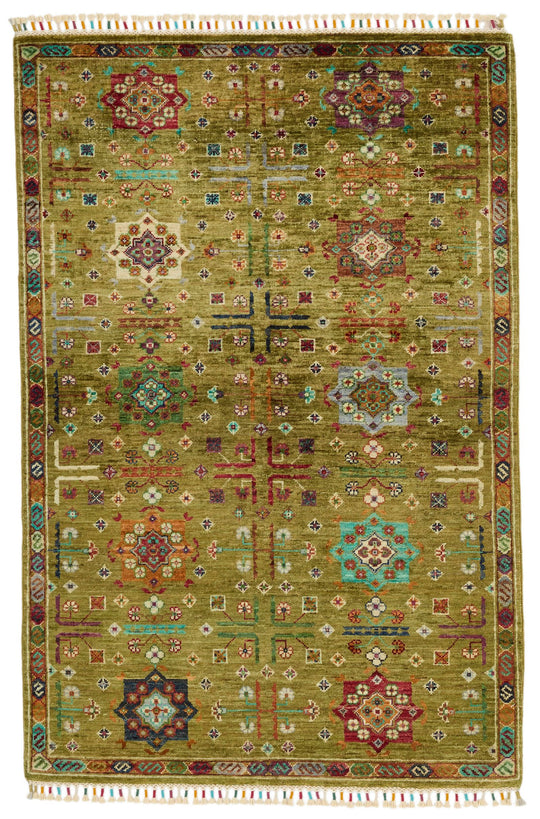 3x5 Light Green and Multicolor Turkish Tribal Rug