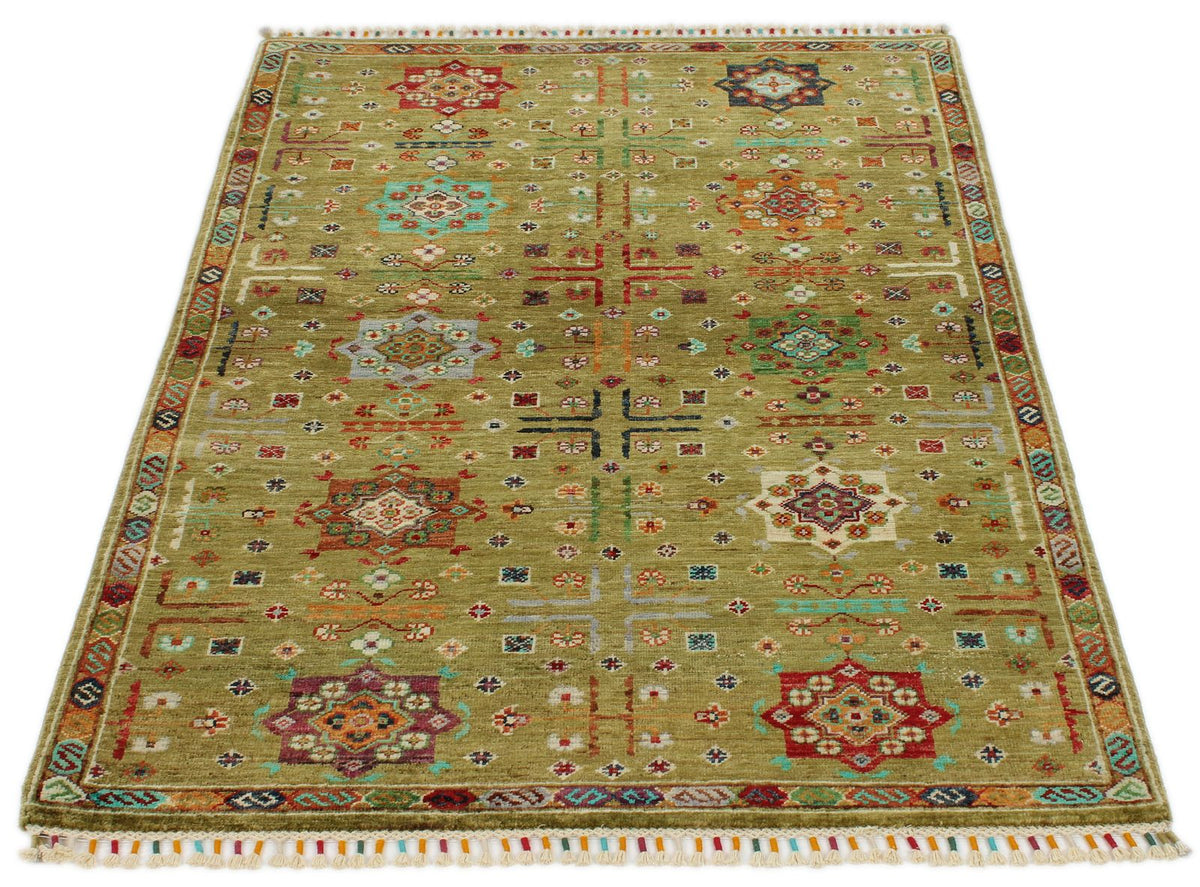 3x5 Light Green and Multicolor Turkish Tribal Rug