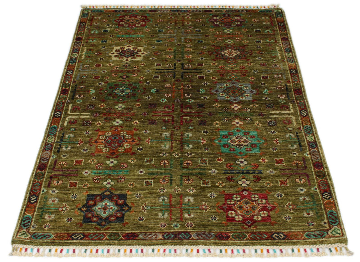 3x5 Light Green and Multicolor Turkish Tribal Rug