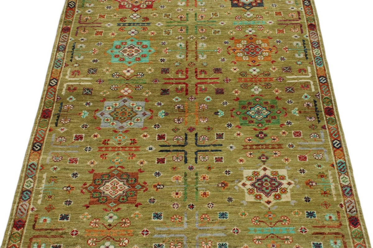 3x5 Light Green and Multicolor Turkish Tribal Rug