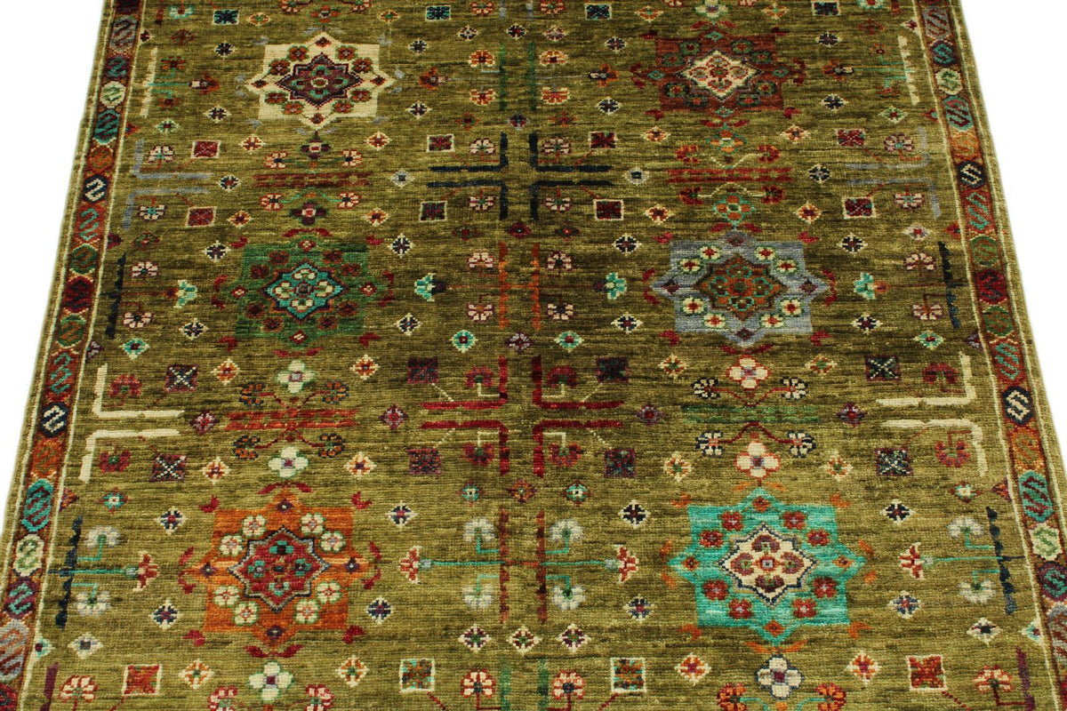 3x5 Light Green and Multicolor Turkish Tribal Rug