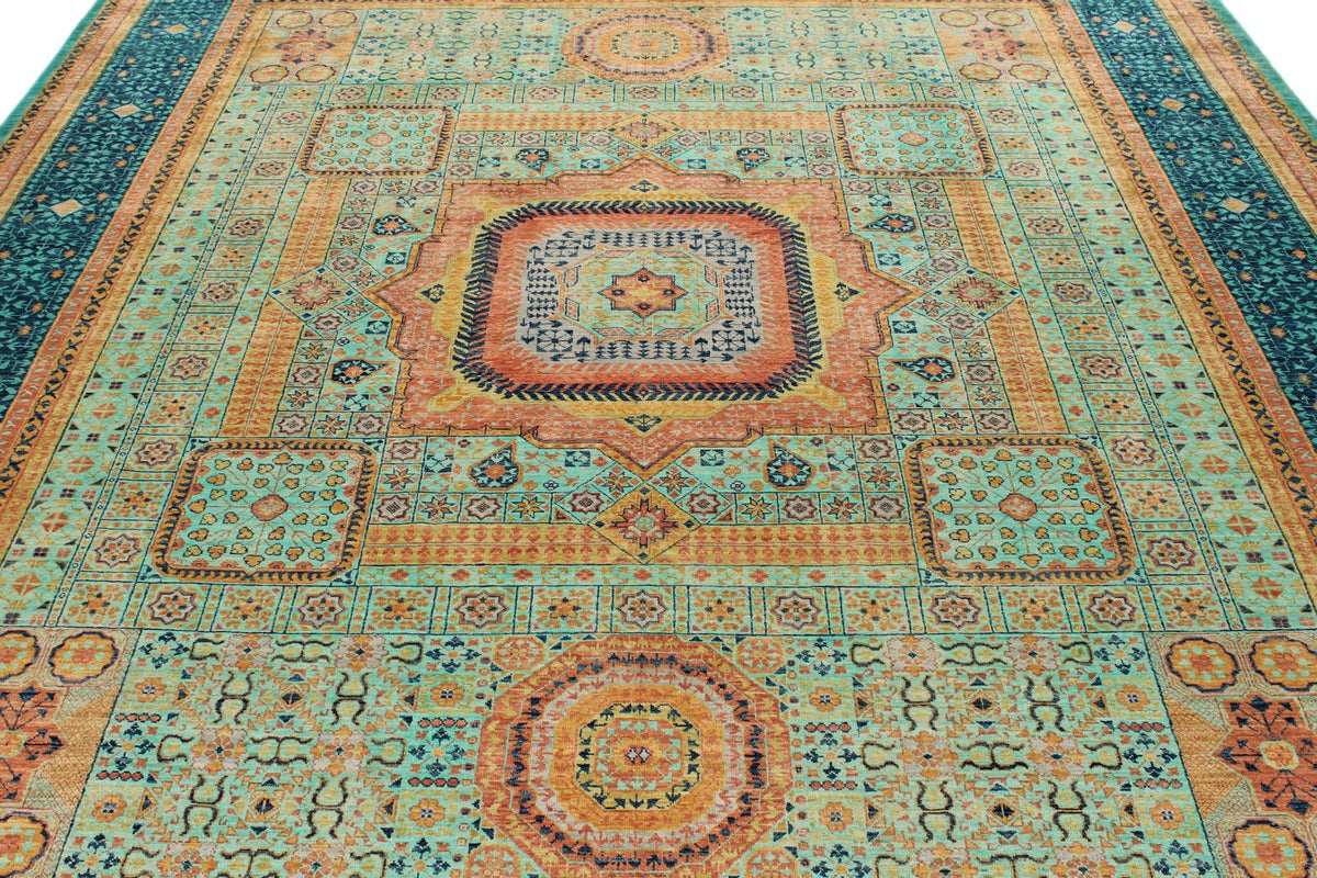 9x10 Green and Navy Turkish Tribal Rug