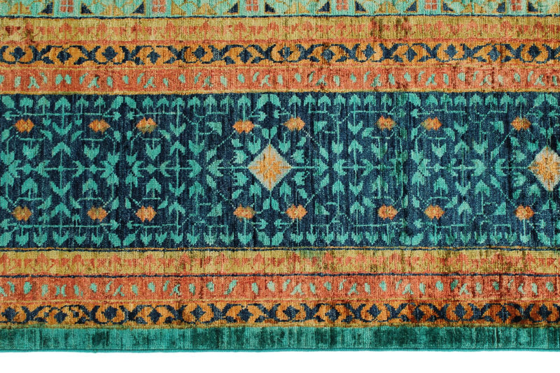 9x10 Green and Navy Turkish Tribal Rug