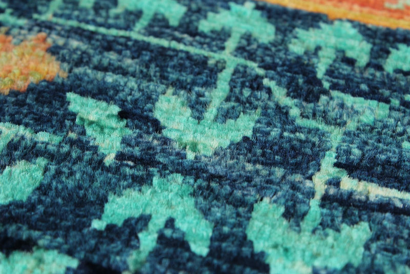 9x10 Green and Navy Turkish Tribal Rug