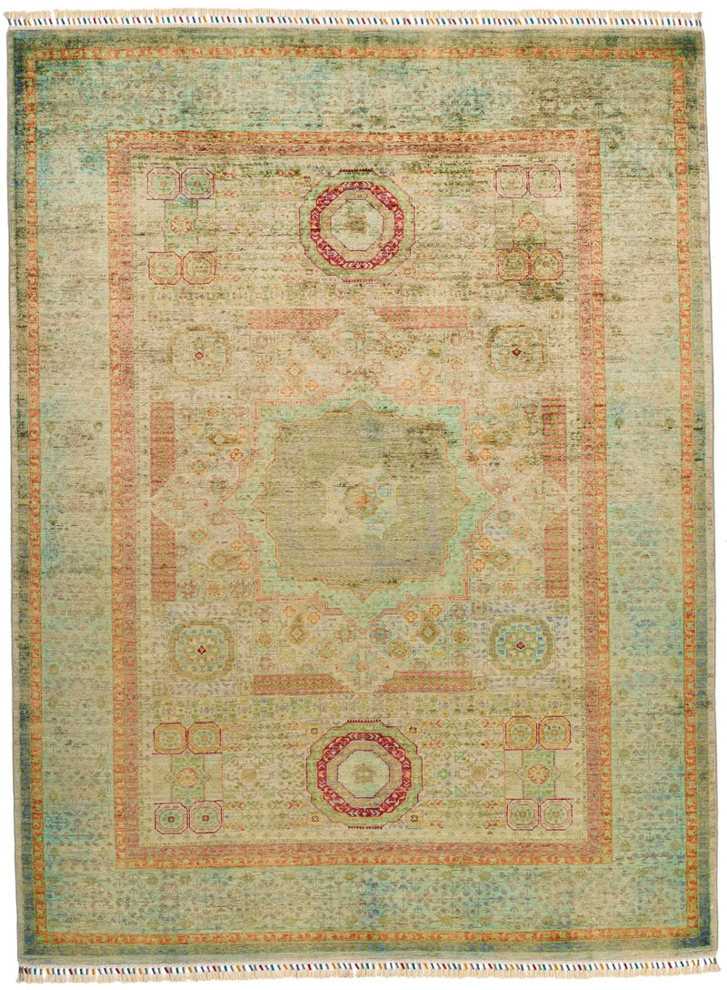 6x8 Camel and Light Green Turkish Tribal Rug