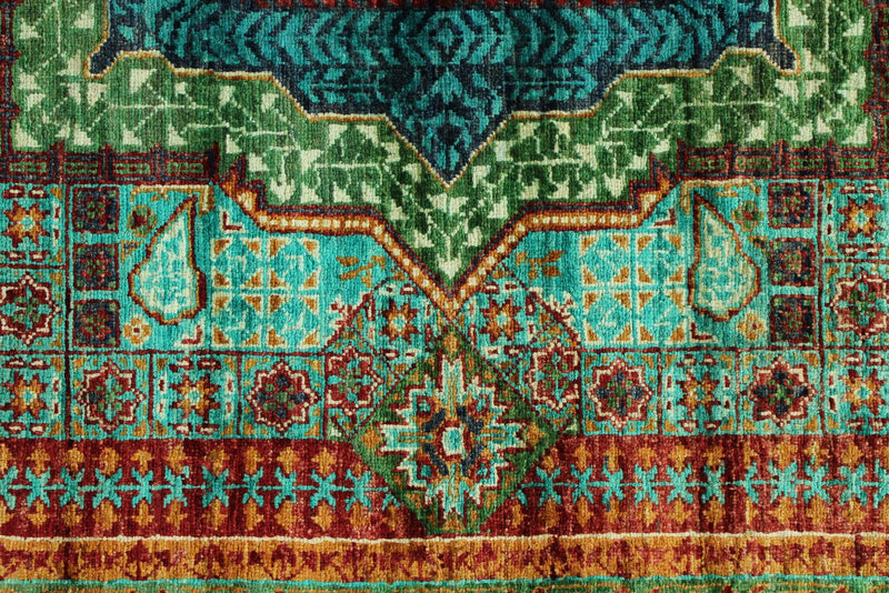 6x8 Green and Turquoıse Turkish Tribal Rug