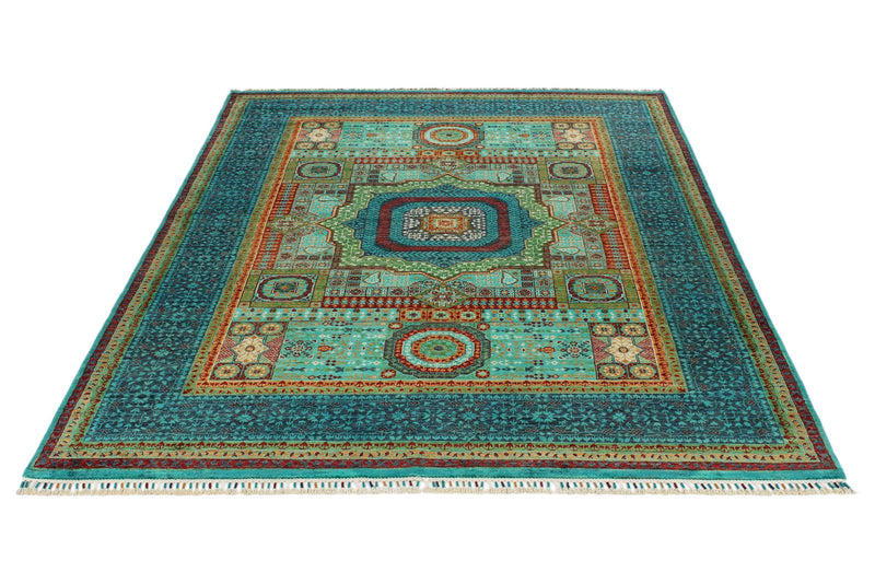 6x8 Green and Turquoıse Turkish Tribal Rug