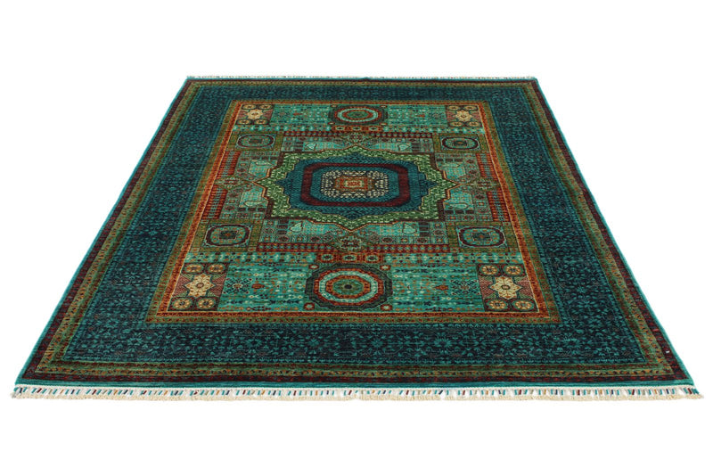 6x8 Green and Turquoıse Turkish Tribal Rug