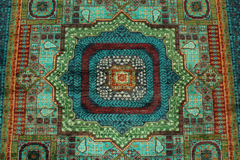 6x8 Green and Turquoıse Turkish Tribal Rug