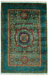 4x6 Green and Multicolor Turkish Tribal Rug