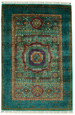 4x6 Green and Multicolor Turkish Tribal Rug