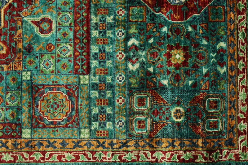 4x6 Green and Multicolor Turkish Tribal Rug