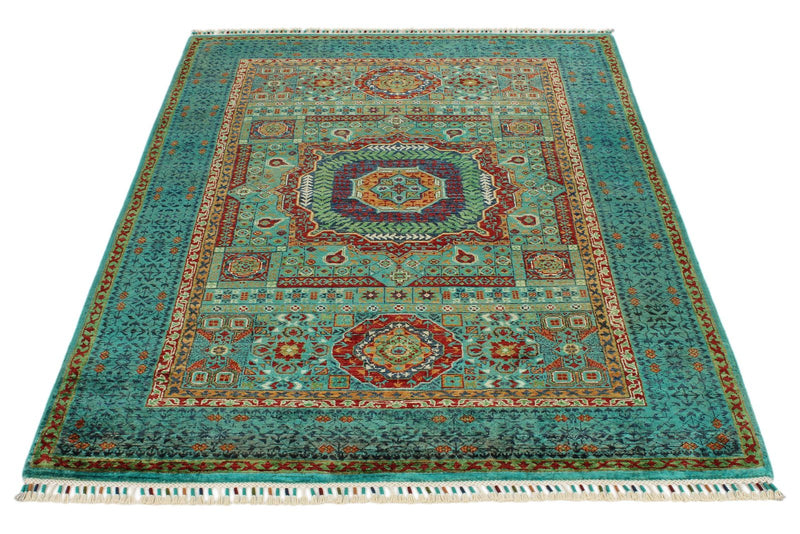 4x6 Green and Multicolor Turkish Tribal Rug