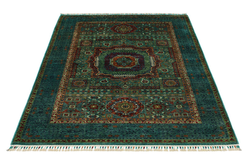 4x6 Green and Multicolor Turkish Tribal Rug