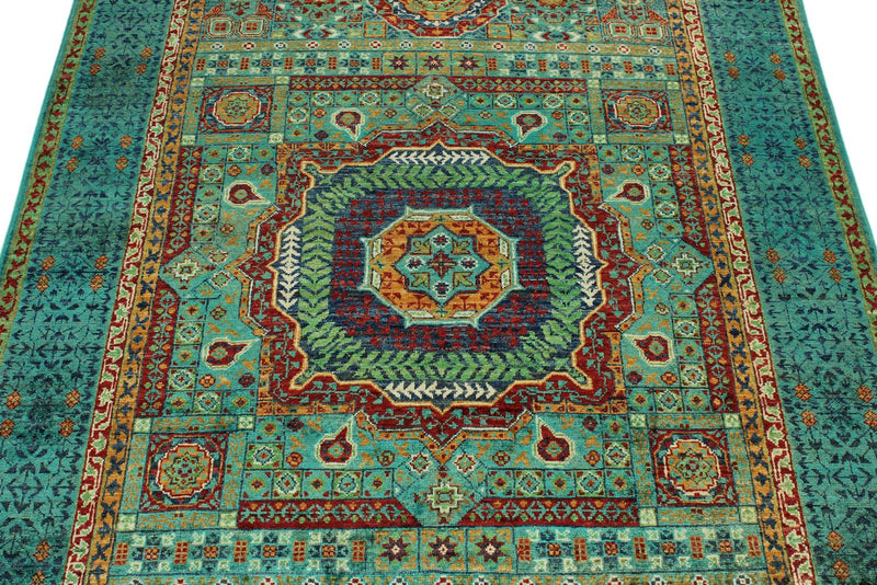 4x6 Green and Multicolor Turkish Tribal Rug