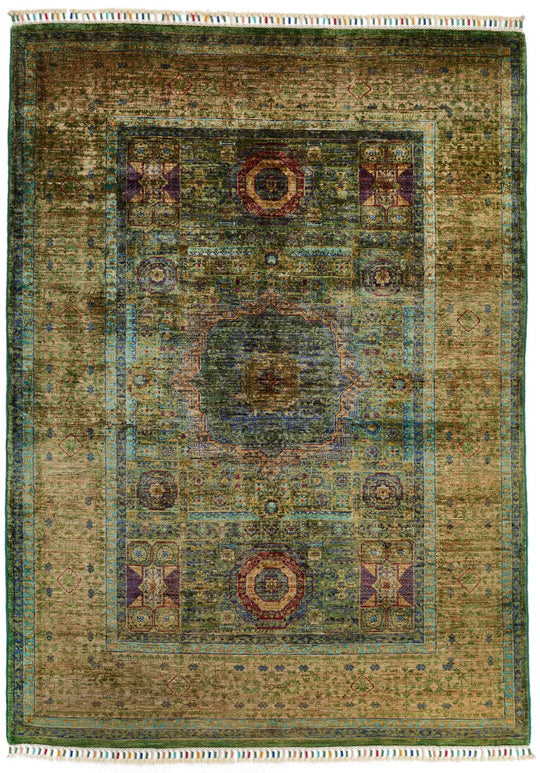 4x6 Green and Multicolor Turkish Tribal Rug