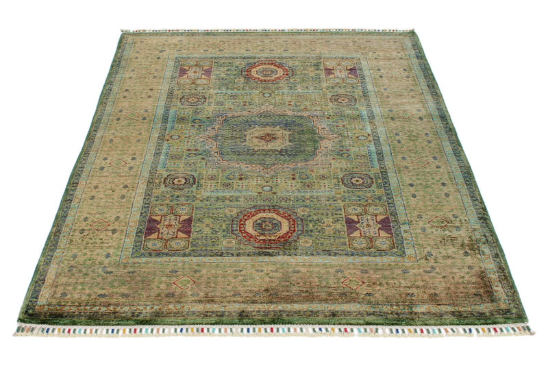 4x6 Green and Multicolor Turkish Tribal Rug