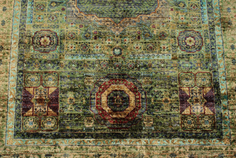 4x6 Green and Multicolor Turkish Tribal Rug