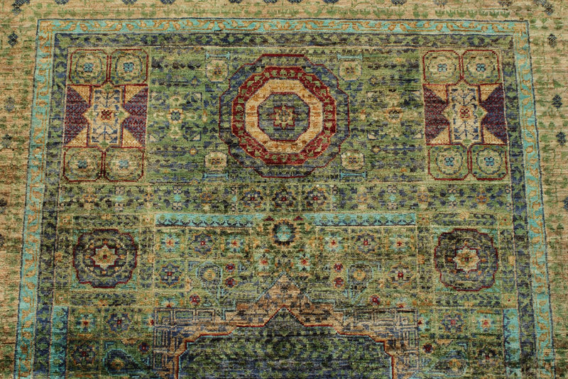 4x6 Green and Multicolor Turkish Tribal Rug