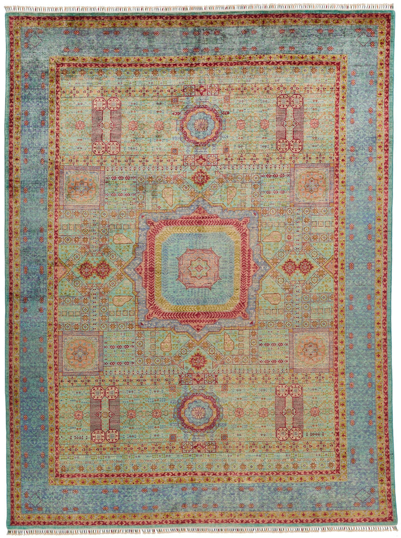 8x11 Green and Light Blue Turkish Tribal Rug