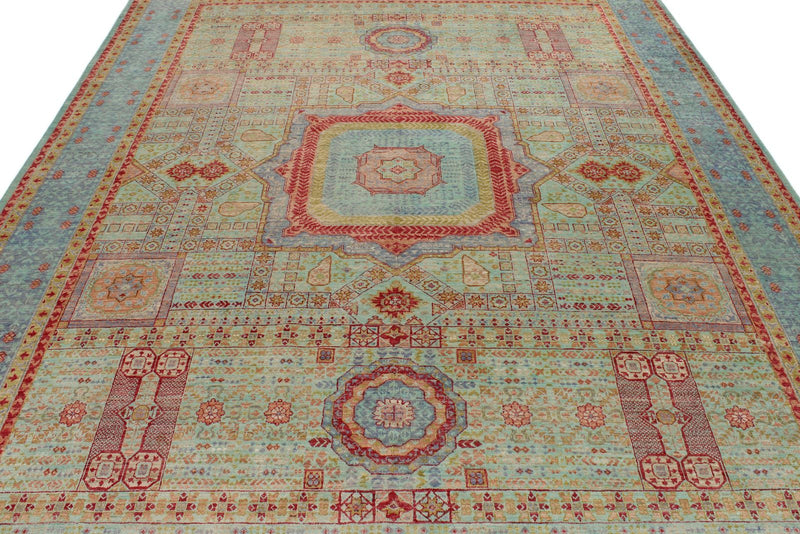 8x11 Green and Light Blue Turkish Tribal Rug