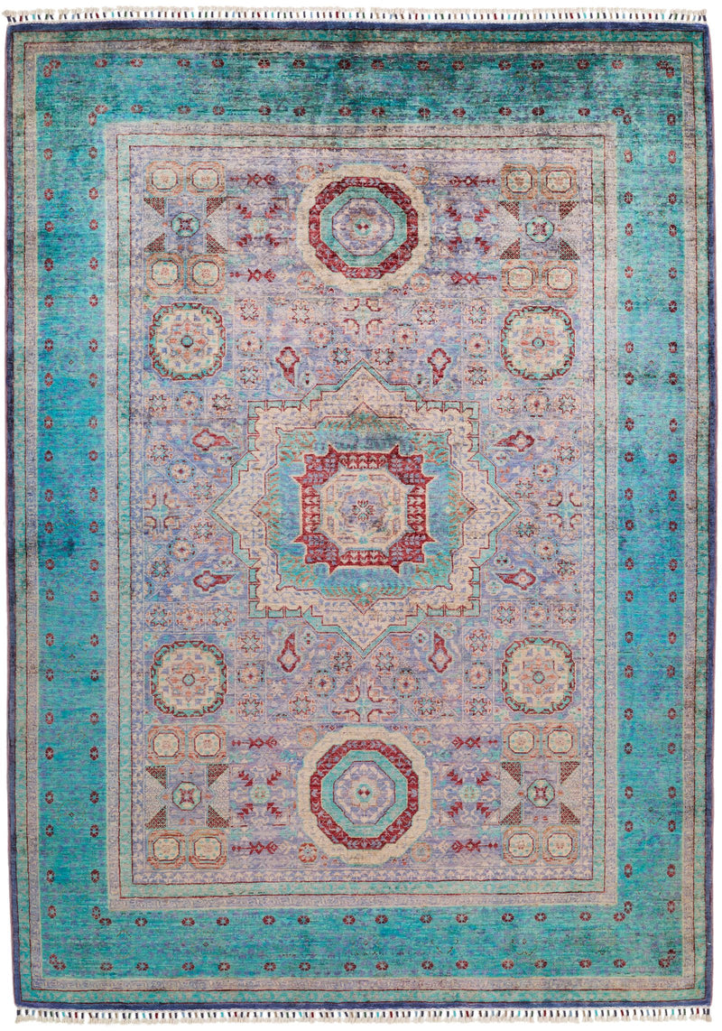 6x8 Pink and Blue Turkish Tribal Rug