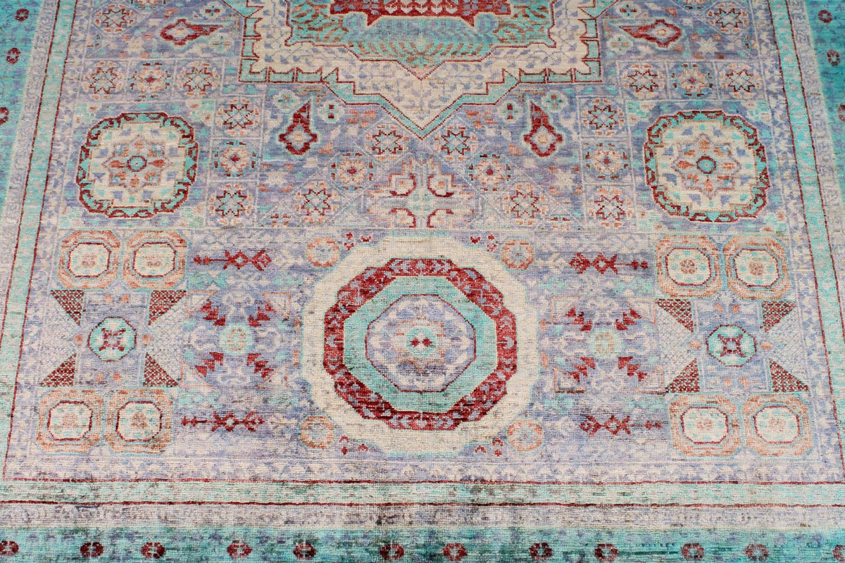 6x8 Pink and Blue Turkish Tribal Rug