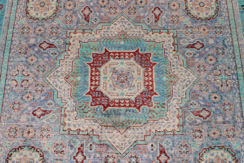 6x8 Pink and Blue Turkish Tribal Rug