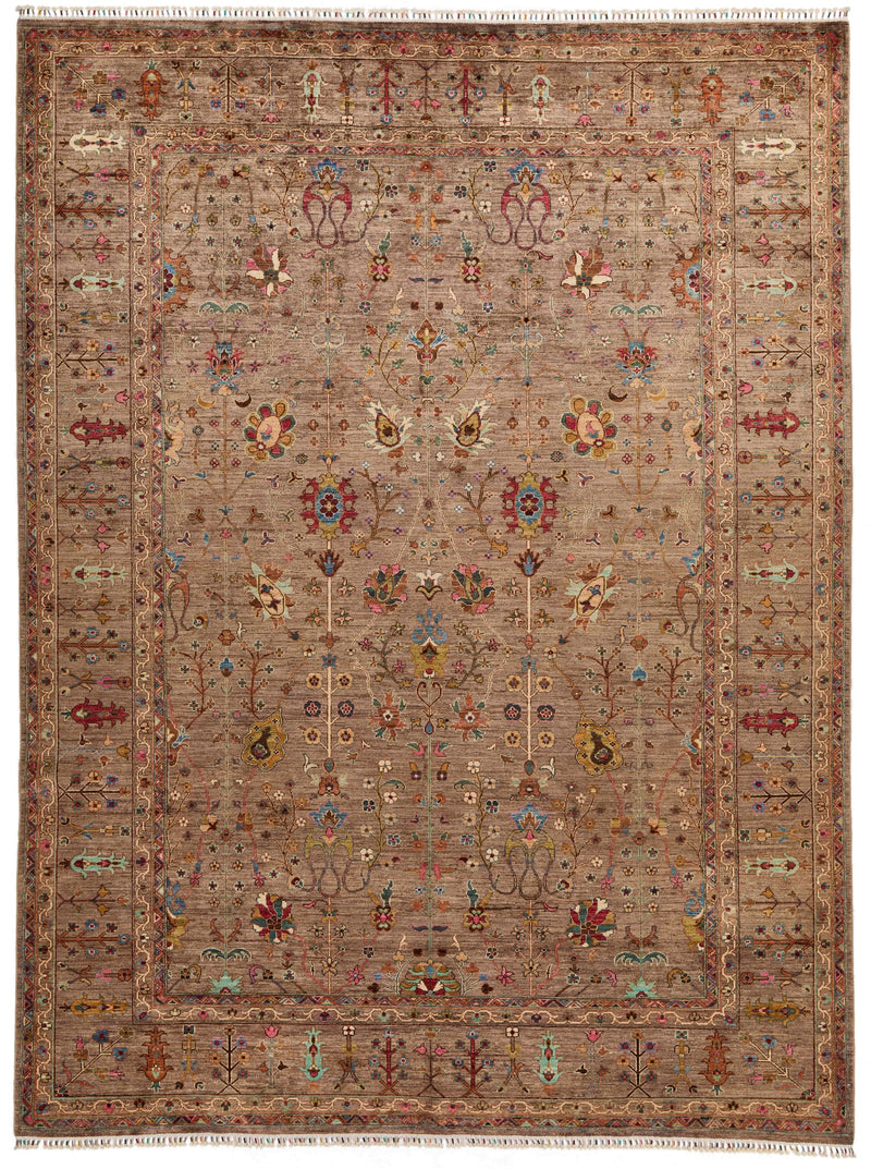 9x12 Light Brown and Brown Turkish Tribal Rug