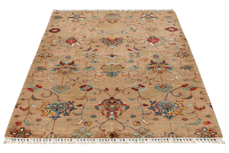 4x6 Light Camel and Multicolor Turkish Tribal Rug