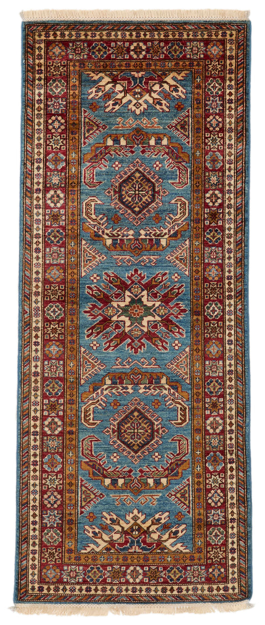 3x7 Light Blue and Red Kazak Tribal Runner
