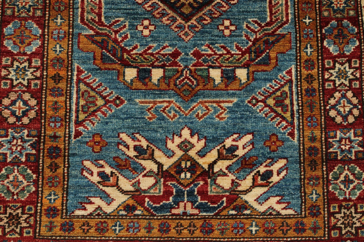 3x7 Light Blue and Red Kazak Tribal Runner