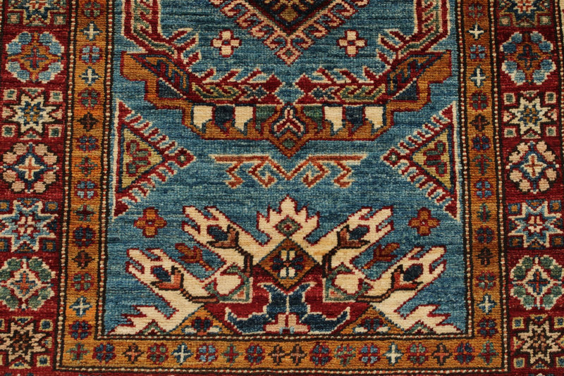 3x7 Light Blue and Red Kazak Tribal Runner