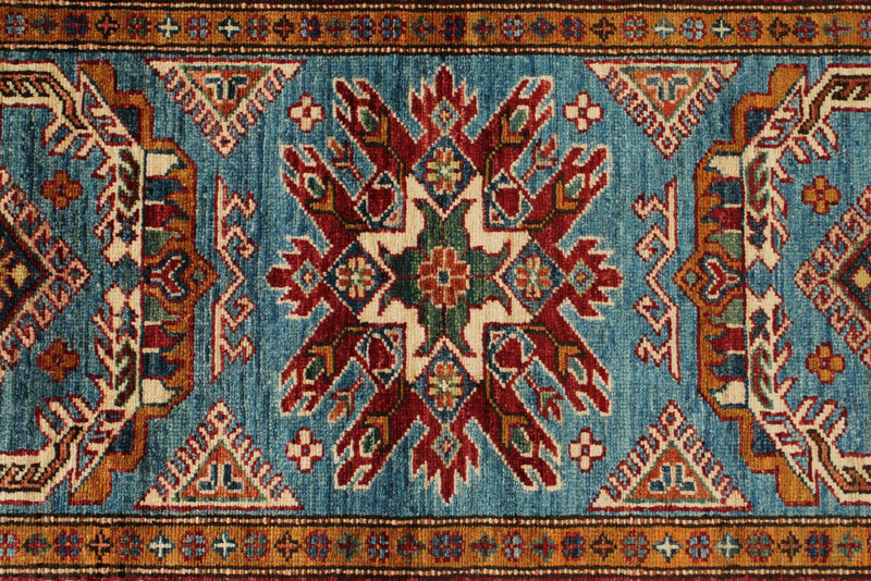 3x7 Light Blue and Red Kazak Tribal Runner