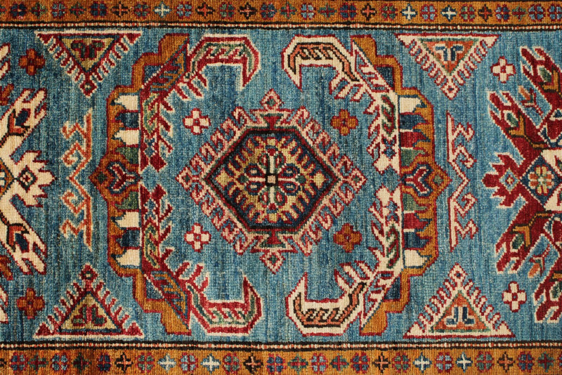 3x7 Light Blue and Red Kazak Tribal Runner