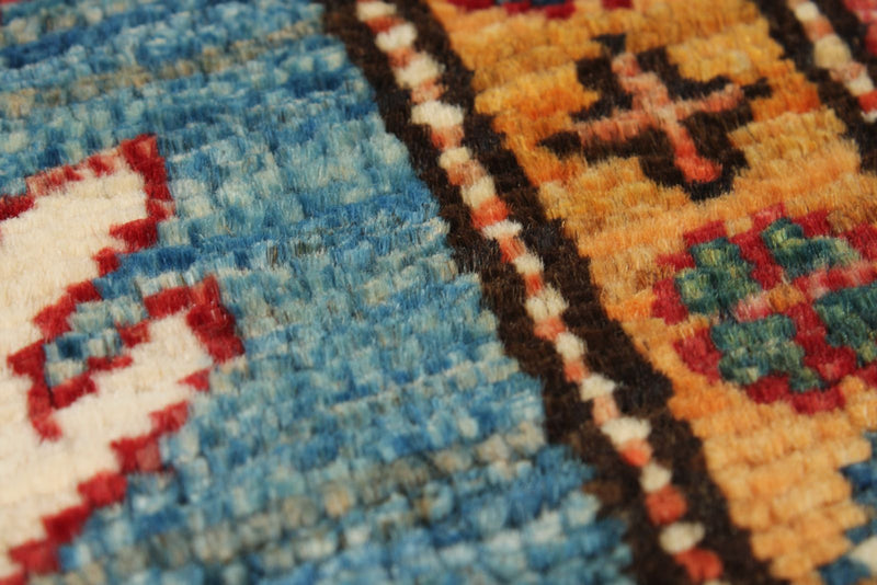 3x7 Light Blue and Red Kazak Tribal Runner