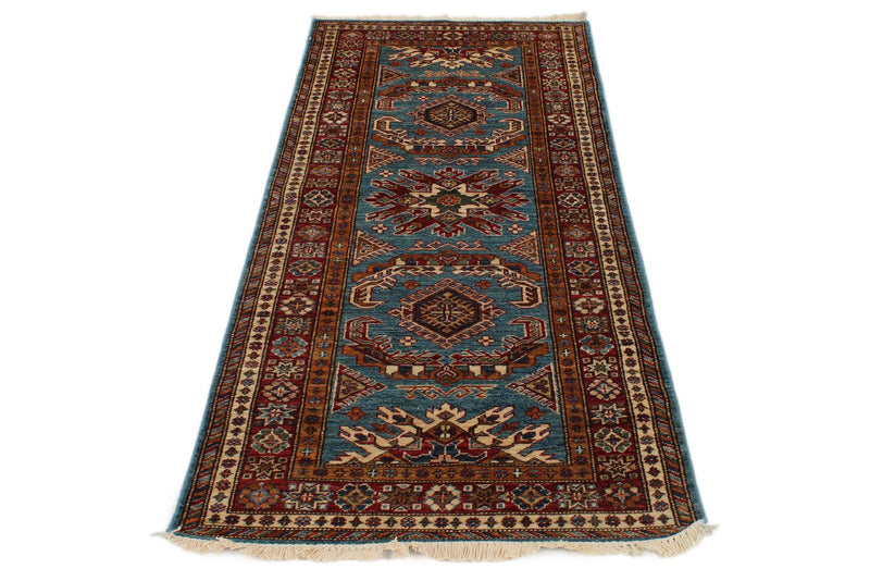 3x7 Light Blue and Red Kazak Tribal Runner