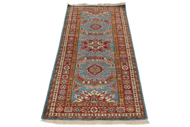 3x7 Light Blue and Red Kazak Tribal Runner